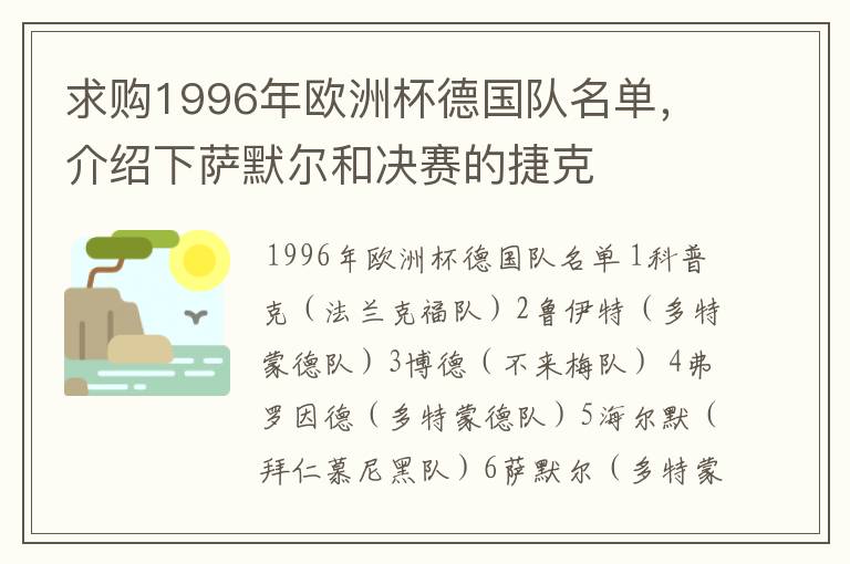 求购1996年欧洲杯德国队名单，介绍下萨默尔和决赛的捷克