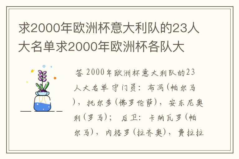 求2000年欧洲杯意大利队的23人大名单求2000年欧洲杯各队大