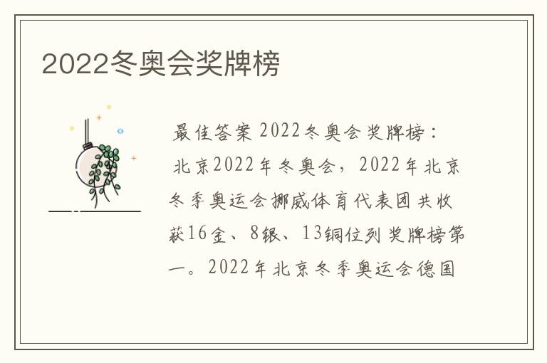 2022冬奥会奖牌榜