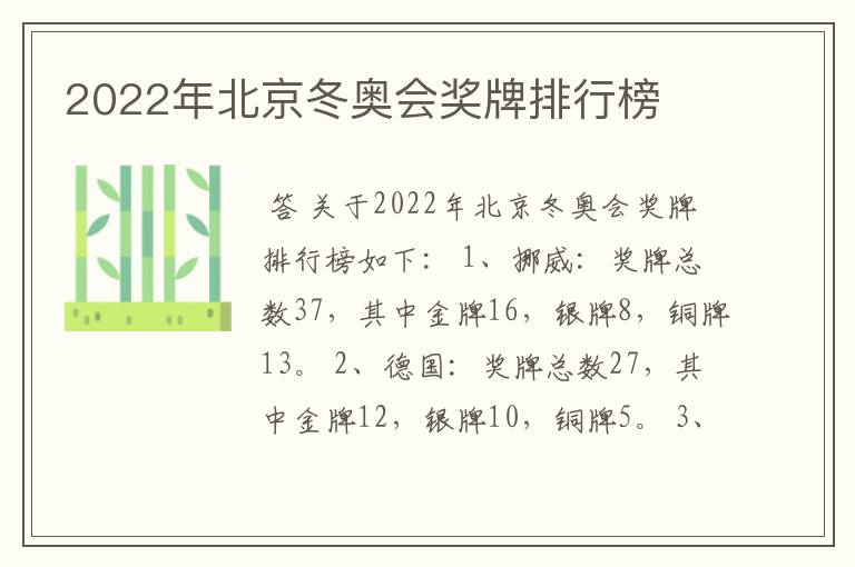 2022年北京冬奥会奖牌排行榜