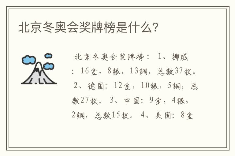 北京冬奥会奖牌榜是什么？