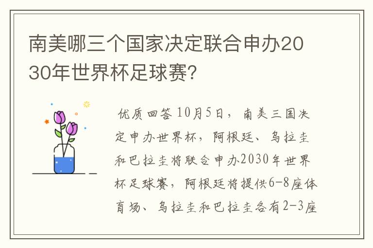 南美哪三个国家决定联合申办2030年世界杯足球赛？