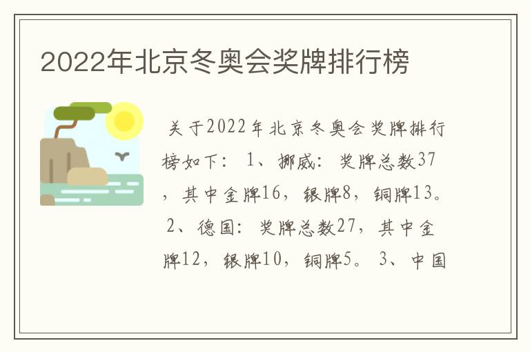 2022年北京冬奥会奖牌排行榜