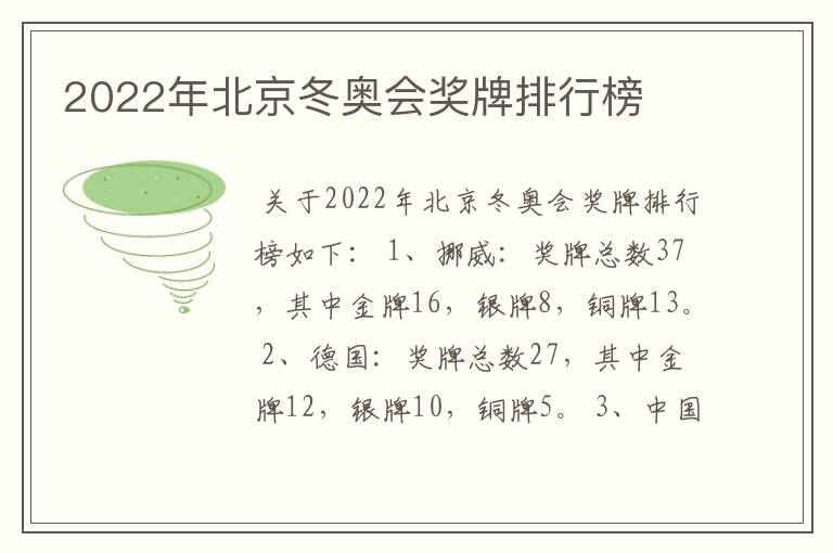 2022年北京冬奥会奖牌排行榜