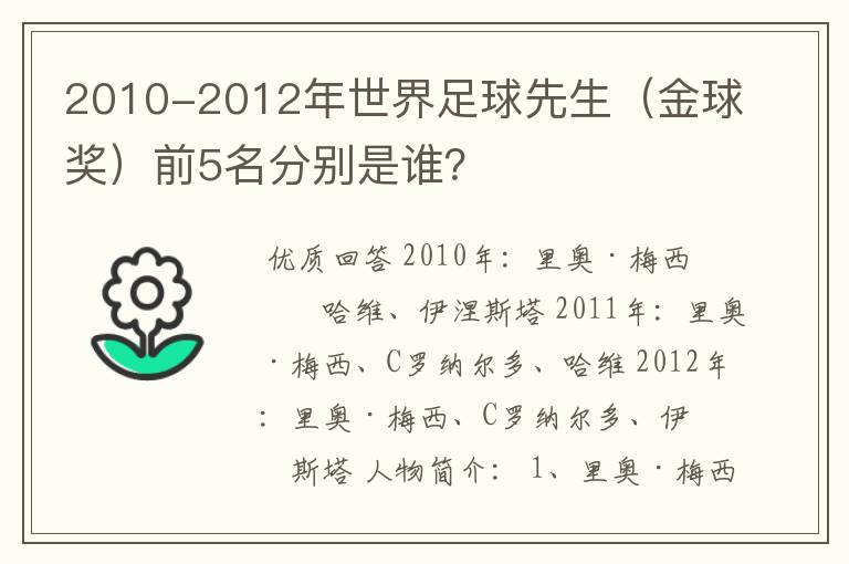 2010-2012年世界足球先生（金球奖）前5名分别是谁？