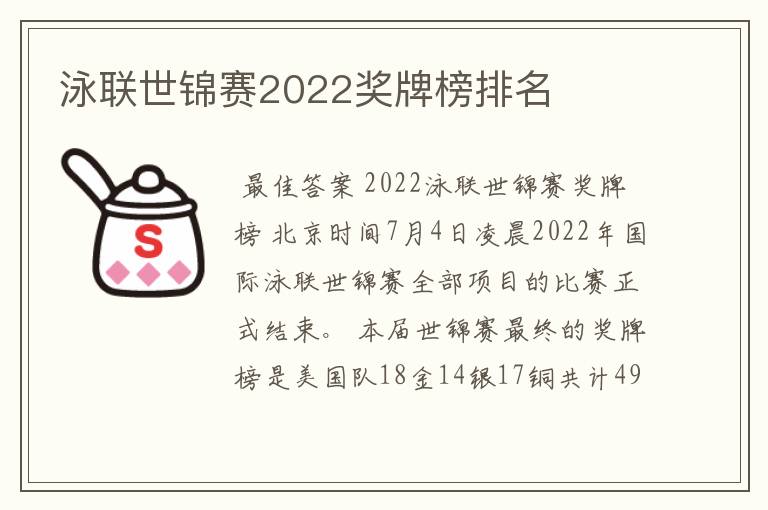 泳联世锦赛2022奖牌榜排名