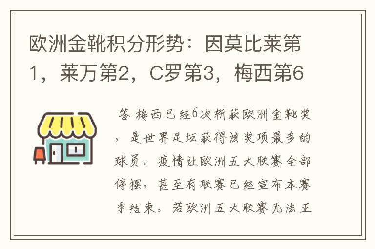 欧洲金靴积分形势：因莫比莱第1，莱万第2，C罗第3，梅西第6