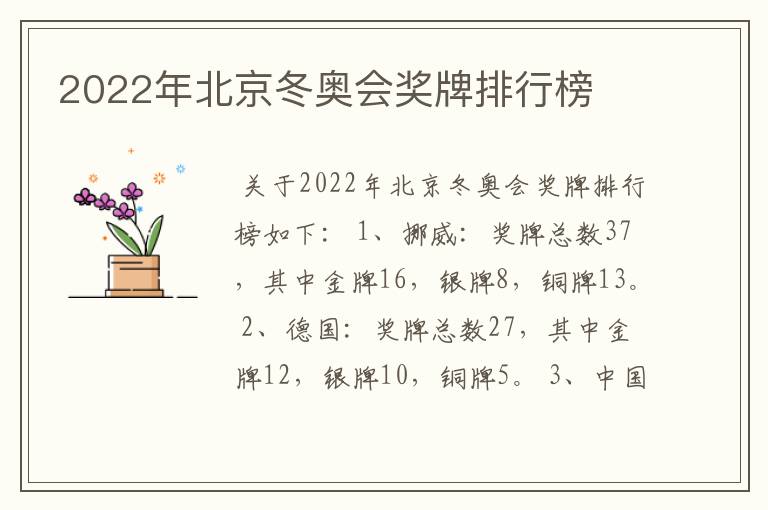 2022年北京冬奥会奖牌排行榜