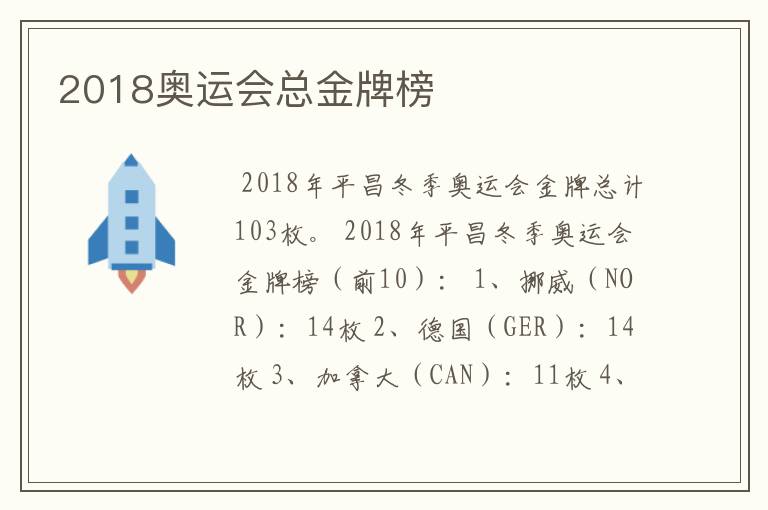 2018奥运会总金牌榜