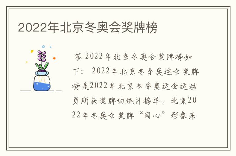 2022年北京冬奥会奖牌榜