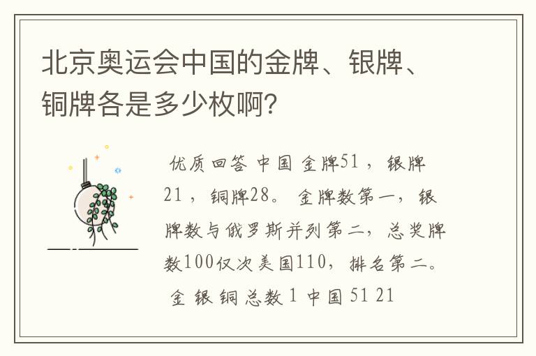 北京奥运会中国的金牌、银牌、铜牌各是多少枚啊？