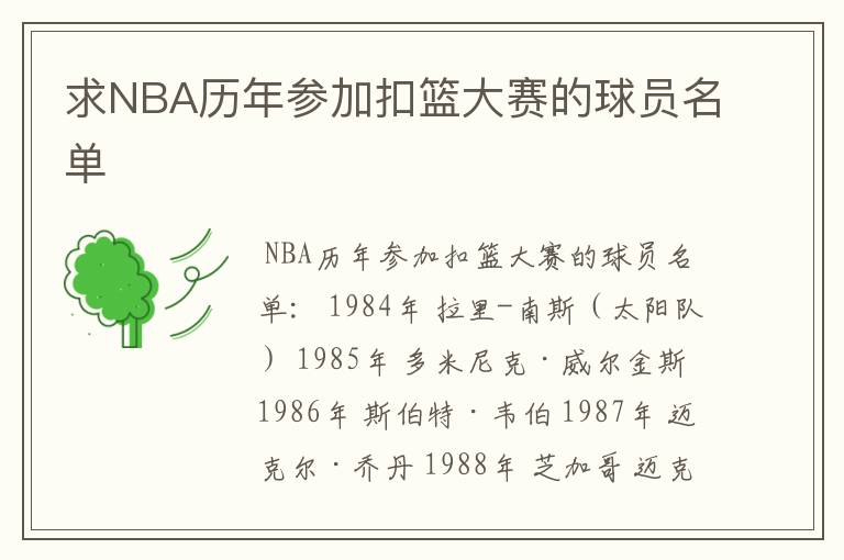 求NBA历年参加扣篮大赛的球员名单