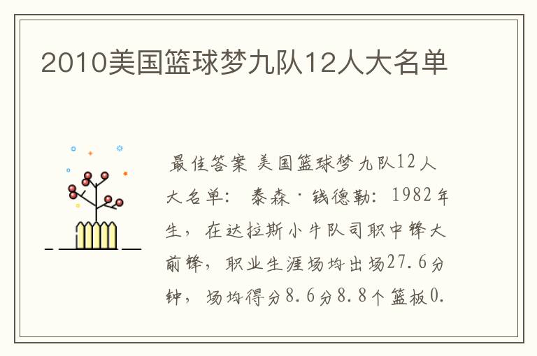 2010美国篮球梦九队12人大名单