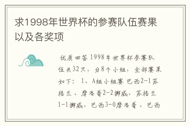 求1998年世界杯的参赛队伍赛果以及各奖项