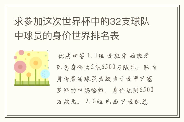 求参加这次世界杯中的32支球队中球员的身价世界排名表