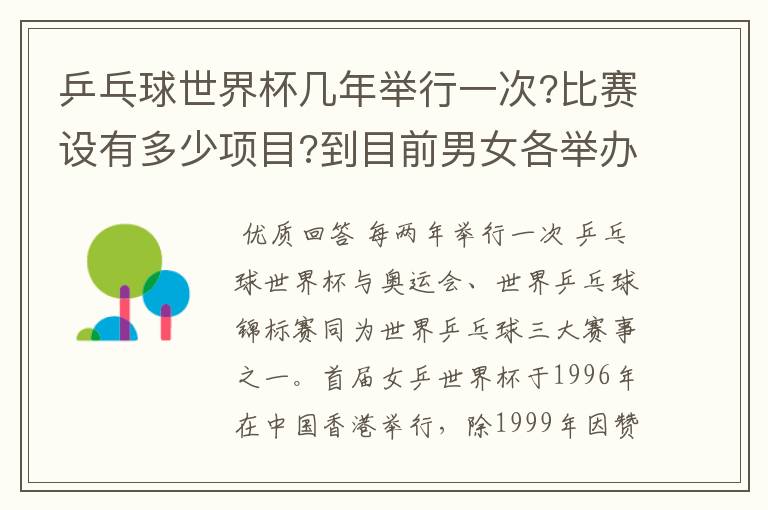 乒乓球世界杯几年举行一次?比赛设有多少项目?到目前男女各举办了几届