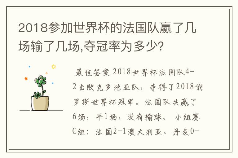 2018参加世界杯的法国队赢了几场输了几场,夺冠率为多少？