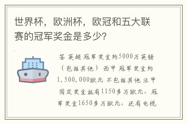 世界杯，欧洲杯，欧冠和五大联赛的冠军奖金是多少？