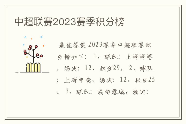 中超联赛2023赛季积分榜