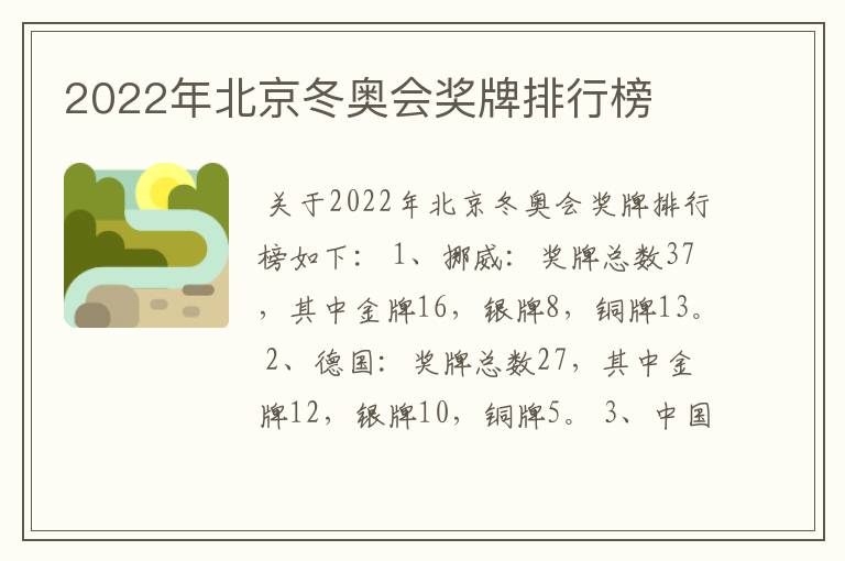 2022年北京冬奥会奖牌排行榜