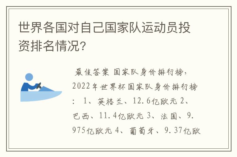 世界各国对自己国家队运动员投资排名情况?