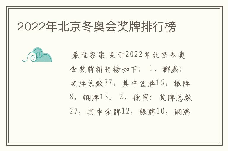 2022年北京冬奥会奖牌排行榜