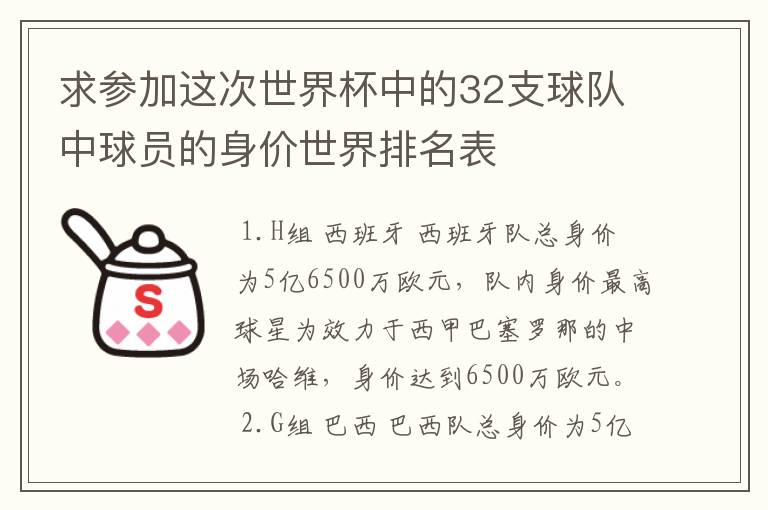 求参加这次世界杯中的32支球队中球员的身价世界排名表