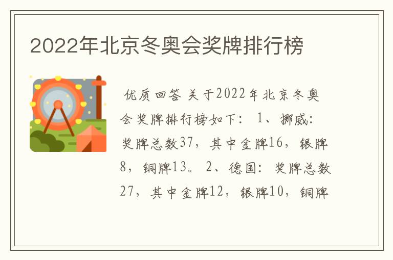 2022年北京冬奥会奖牌排行榜