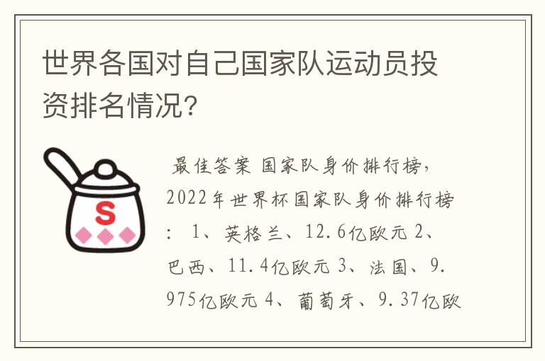 世界各国对自己国家队运动员投资排名情况?