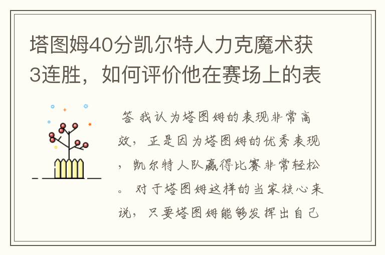 塔图姆40分凯尔特人力克魔术获3连胜,如何评价他在赛场上的表现?
