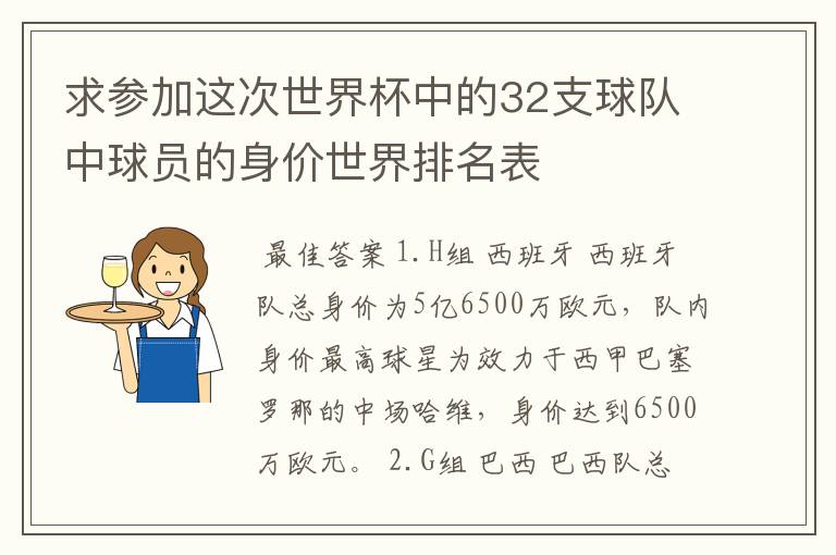 求参加这次世界杯中的32支球队中球员的身价世界排名表