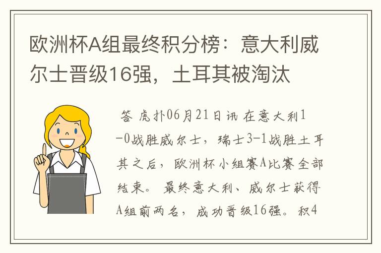 欧洲杯A组最终积分榜：意大利威尔士晋级16强，土耳其被淘汰