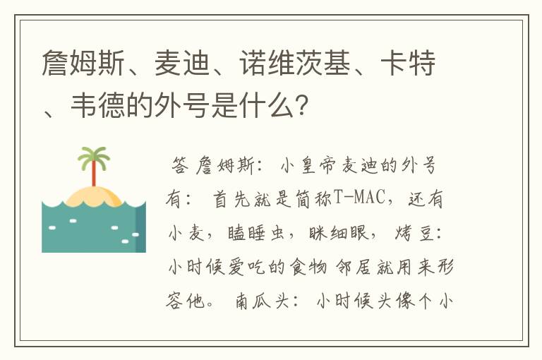 詹姆斯、麦迪、诺维茨基、卡特、韦德的外号是什么？