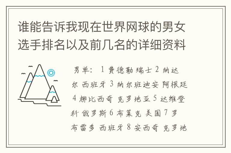 谁能告诉我现在世界网球的男女选手排名以及前几名的详细资料 都有哪些重要赛事