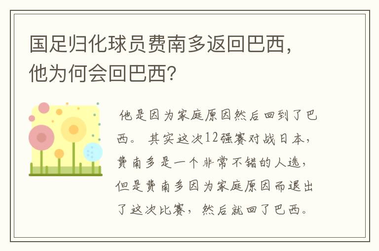 国足归化球员费南多返回巴西，他为何会回巴西？