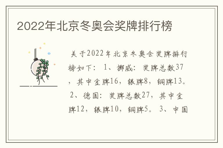 2022年北京冬奥会奖牌排行榜