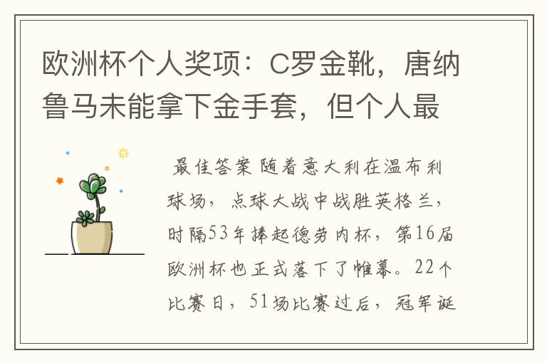 欧洲杯个人奖项：C罗金靴，唐纳鲁马未能拿下金手套，但个人最佳