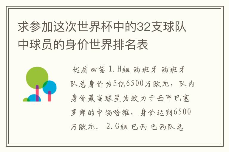 求参加这次世界杯中的32支球队中球员的身价世界排名表