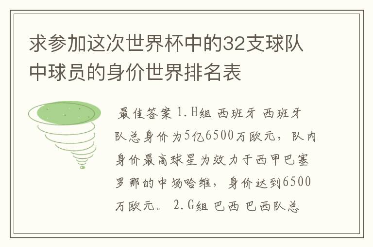 求参加这次世界杯中的32支球队中球员的身价世界排名表