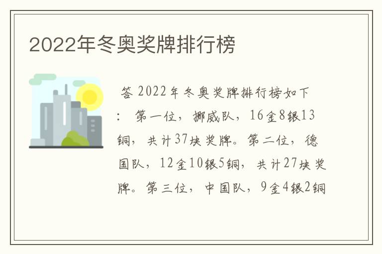 2022年冬奥奖牌排行榜