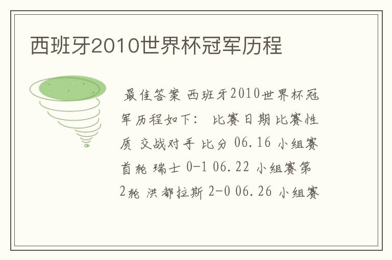 西班牙2010世界杯冠军历程