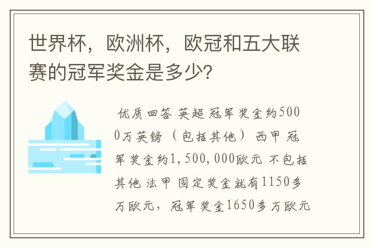 世界杯，欧洲杯，欧冠和五大联赛的冠军奖金是多少？