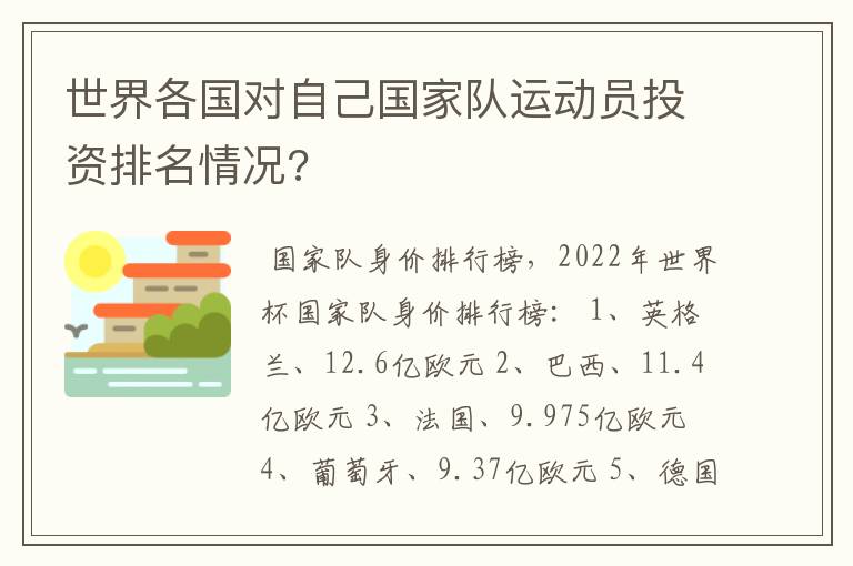 世界各国对自己国家队运动员投资排名情况?