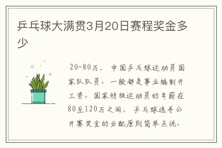 乒乓球大满贯3月20日赛程奖金多少