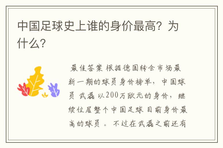 中国足球史上谁的身价最高？为什么？