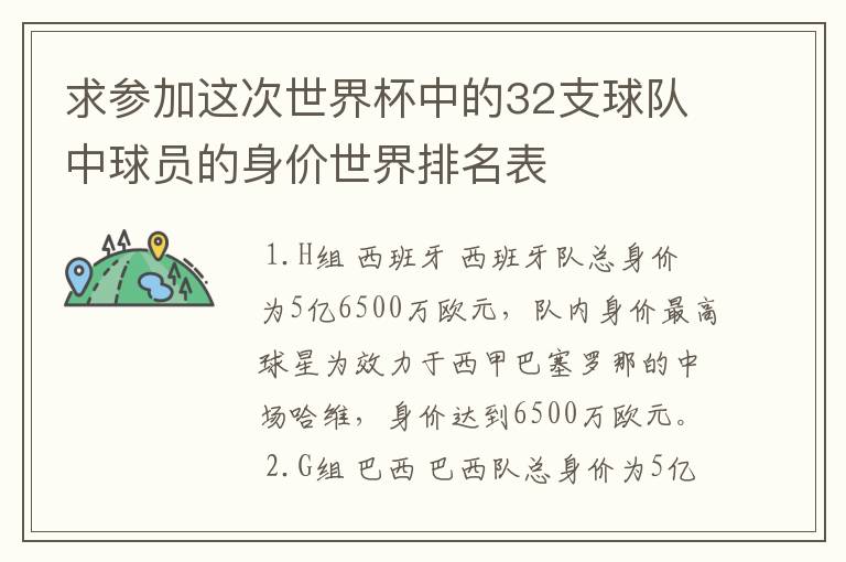 求参加这次世界杯中的32支球队中球员的身价世界排名表