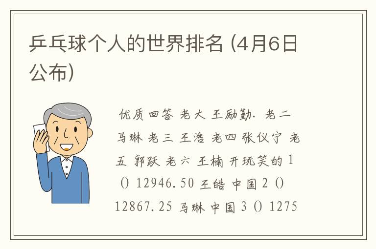 乒乓球个人的世界排名 (4月6日公布)