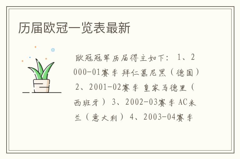 历届欧冠一览表最新