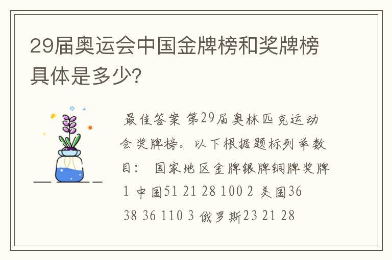 29届奥运会中国金牌榜和奖牌榜具体是多少？