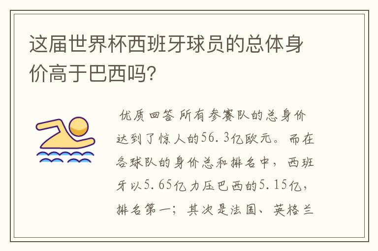 这届世界杯西班牙球员的总体身价高于巴西吗？